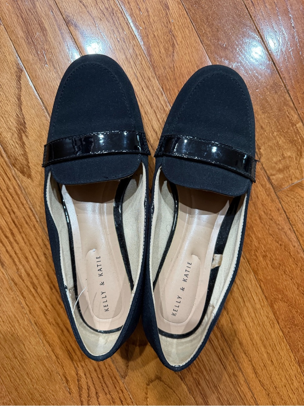 Kelly & Katie Black Suede-Look Loafer Flats with Patent Strap